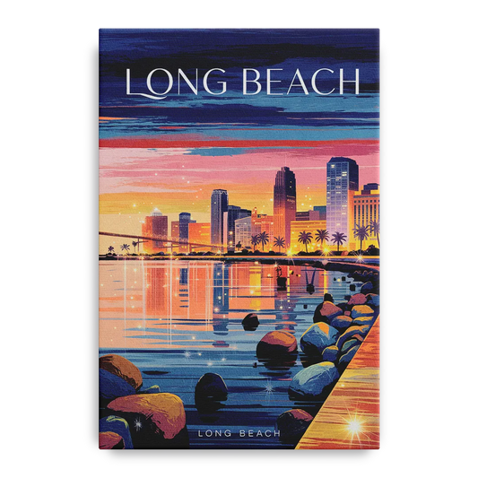 Long Beach Cityscape Evening Lights - Canvas Wall Art