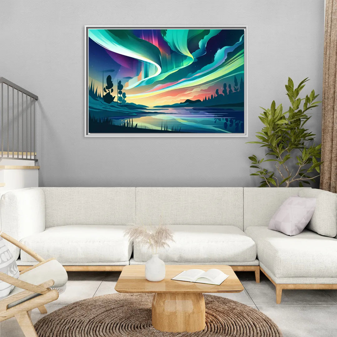 Aurora Borealis Sky - Living Room White Frame Canvas
