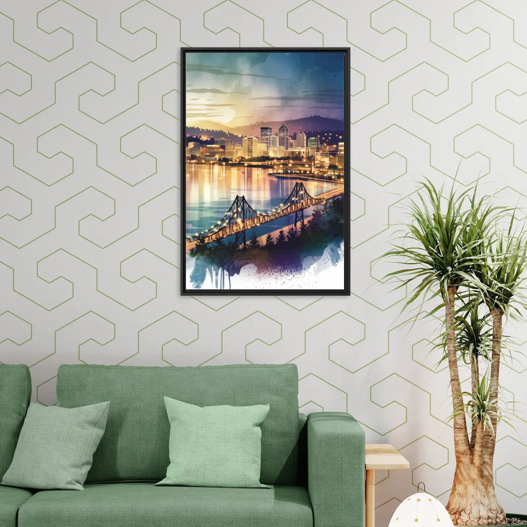 Tacoma Skyline View - Living Room Black Frame Canvas
