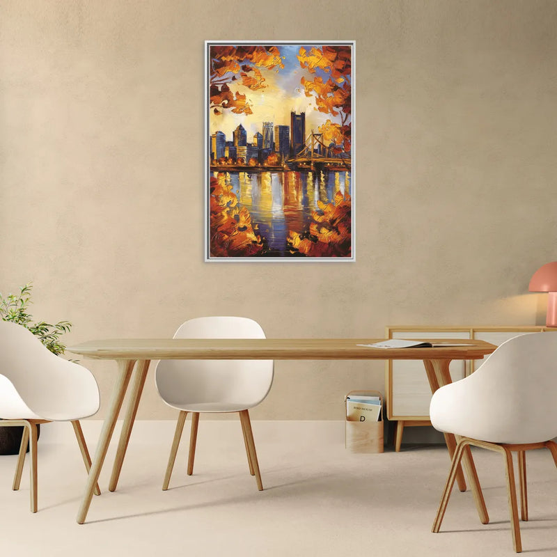 Pittsburgh Skyline in Autumn - Living Room White Frame Canvas