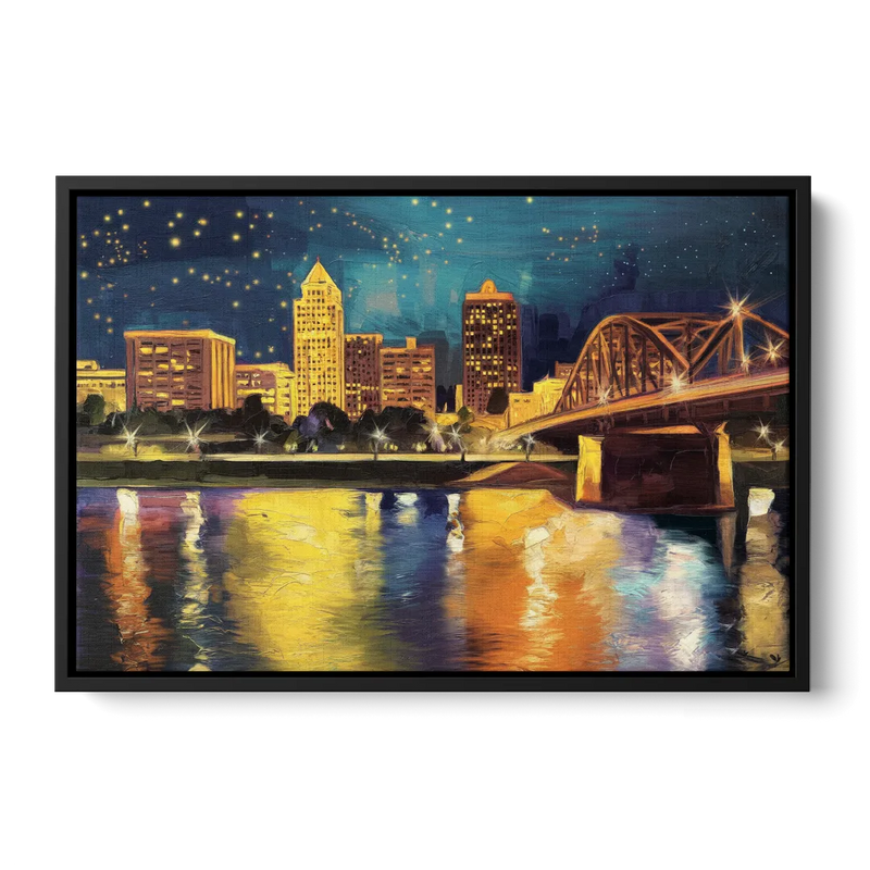 Louisville Cityscape Glow - Black Frame Canvas