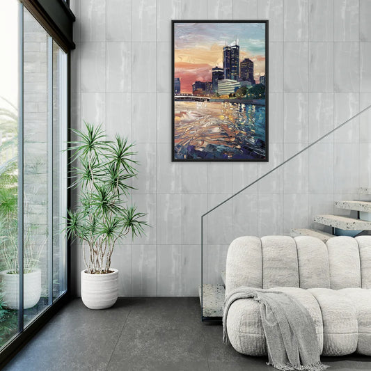 Detroit Riverfront View - Living Room Black Frame Canvas