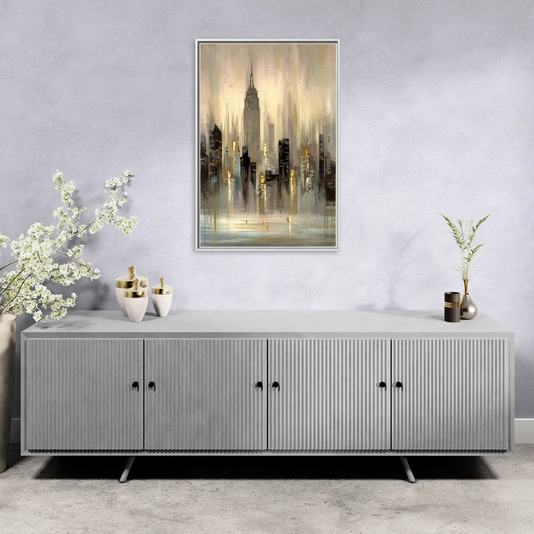 New York City Skyline in Fog - Living Room White Frame Canvas