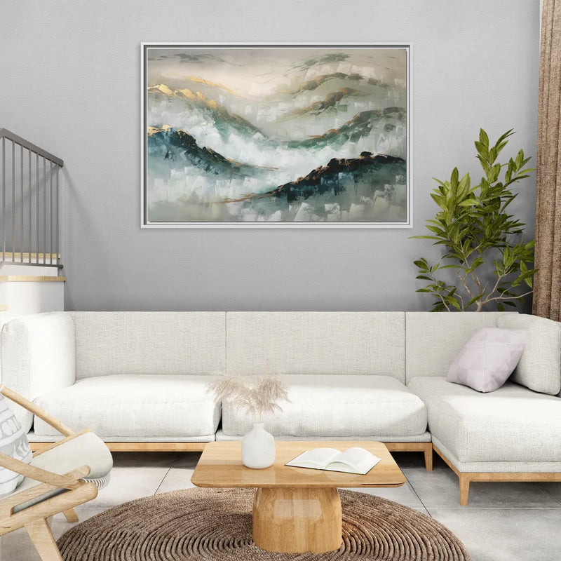 Gatlinburg Misty Mountain Gray Landscape - Living Room White Frame Canvas