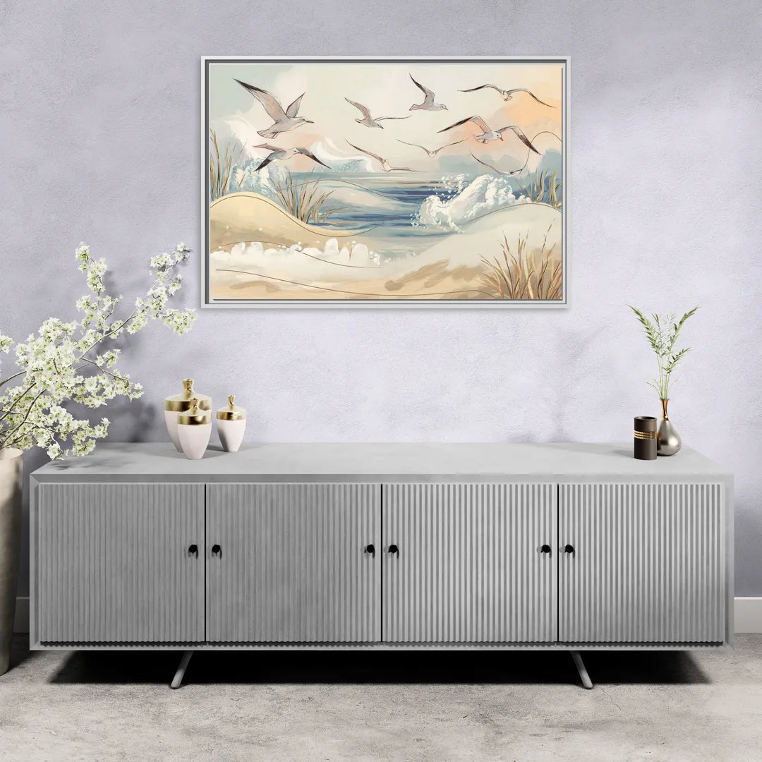 Myrtle Beach Seagulls In Flight - Living Room White Frame Canvas