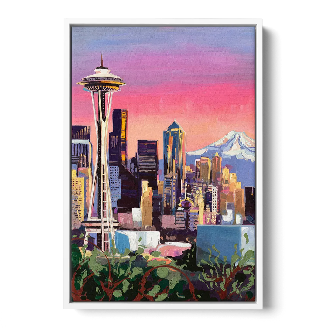 Seattle Skyline with Mount Rainier - White Frame Canvas