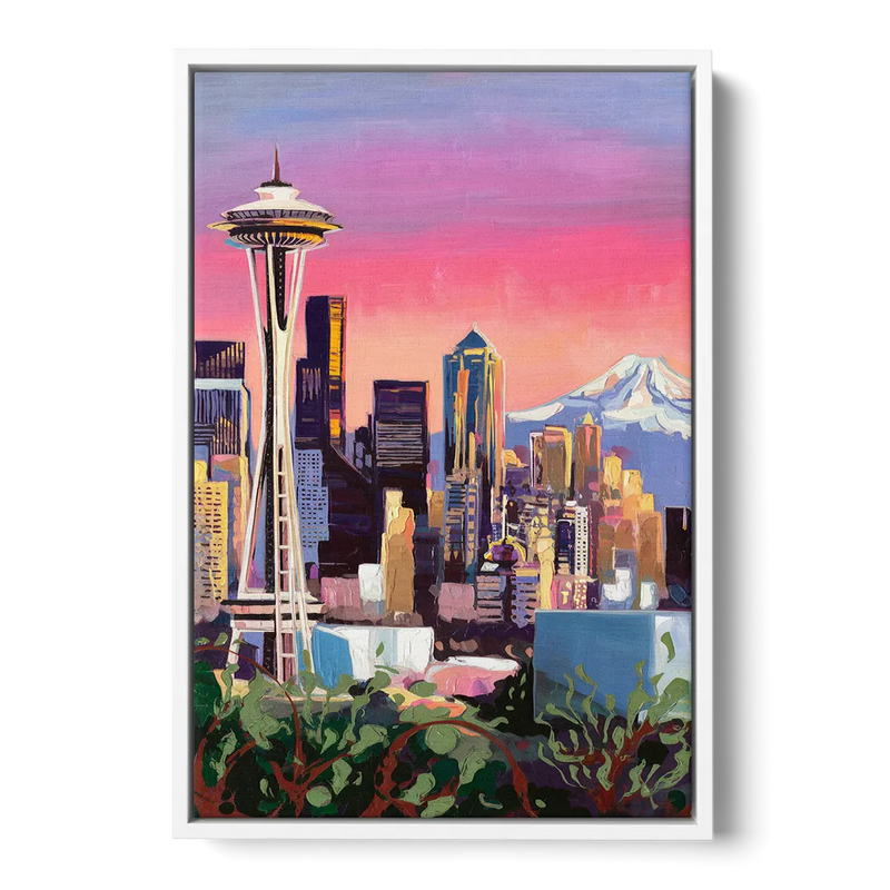 Seattle Skyline with Mount Rainier - White Frame Canvas