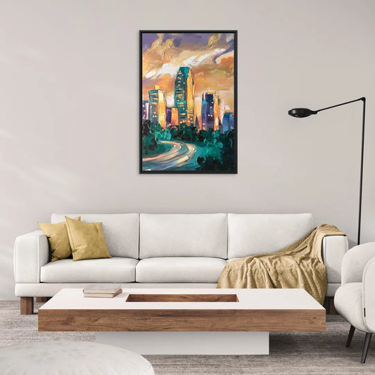 Raleigh Contemporary Cityscape - Living Room Black Frame Canvas