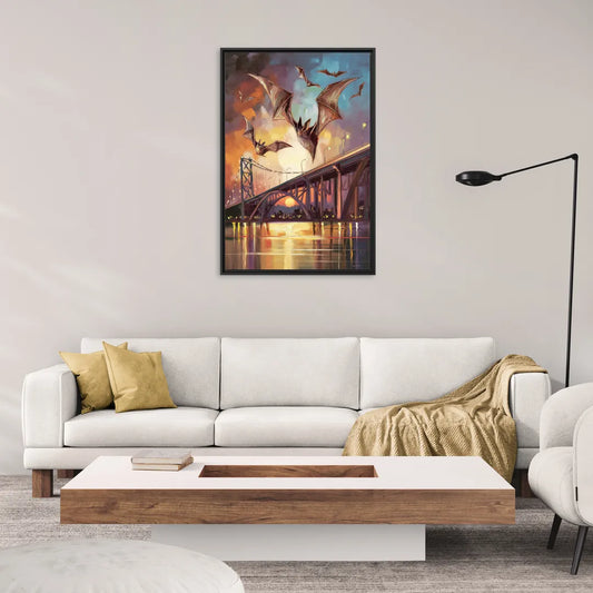 Austin Soaring Bats Scene - Living Room Black Frame Canvas