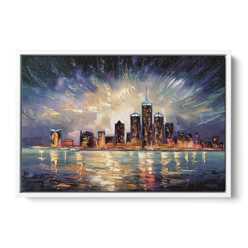 Detroit Skyline And Stars - White Frame Canvas