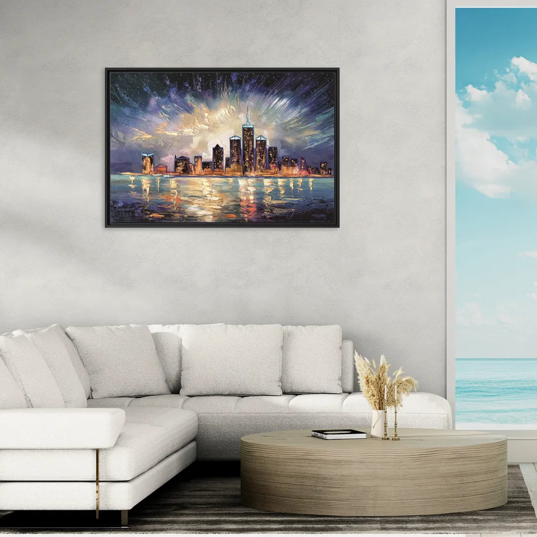 Detroit Skyline And Stars - Living Room Black Frame Canvas