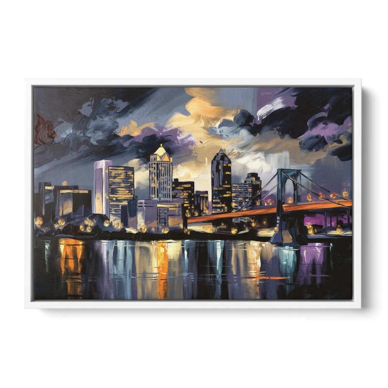 Toledo Nighttime Skyline - White Frame Canvas