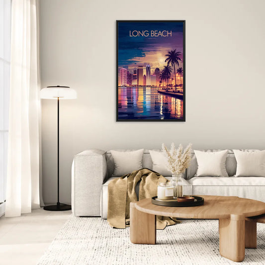 Long Beach Cityscape Evening Lights Nightscape - Living Room Black Frame Canvas