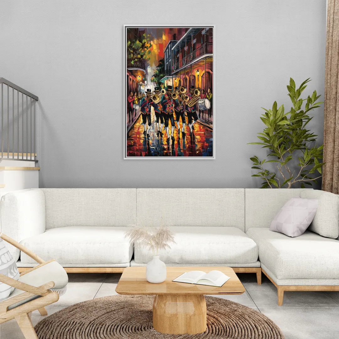 New Orleans Second Line Band - Living Room White Frame Canvas