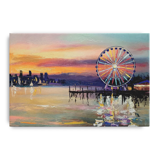 Seattle Harbor With Ferris Wheel - Canvas Wall Art
