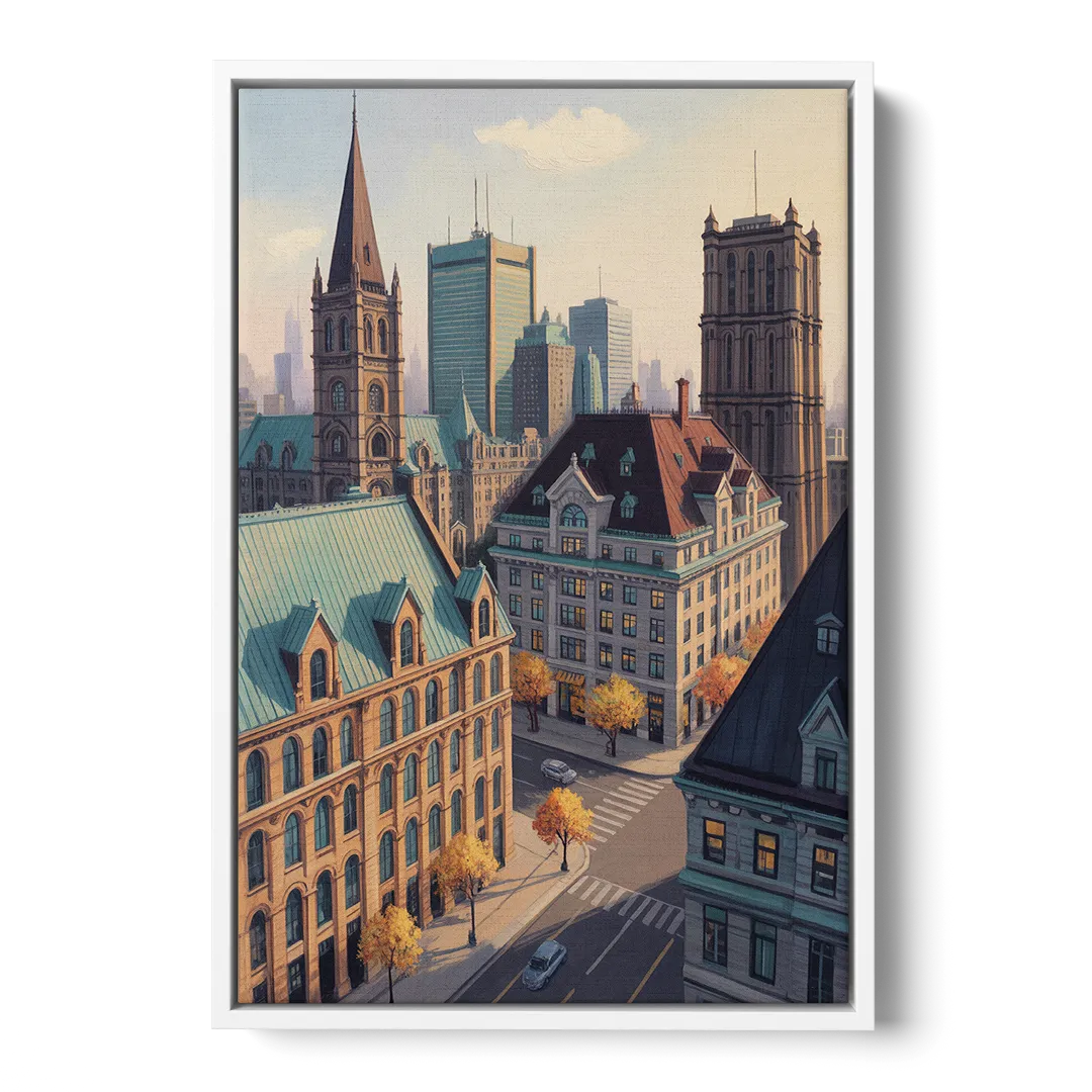 Montreal Historic Buildings - White Frame Canvas