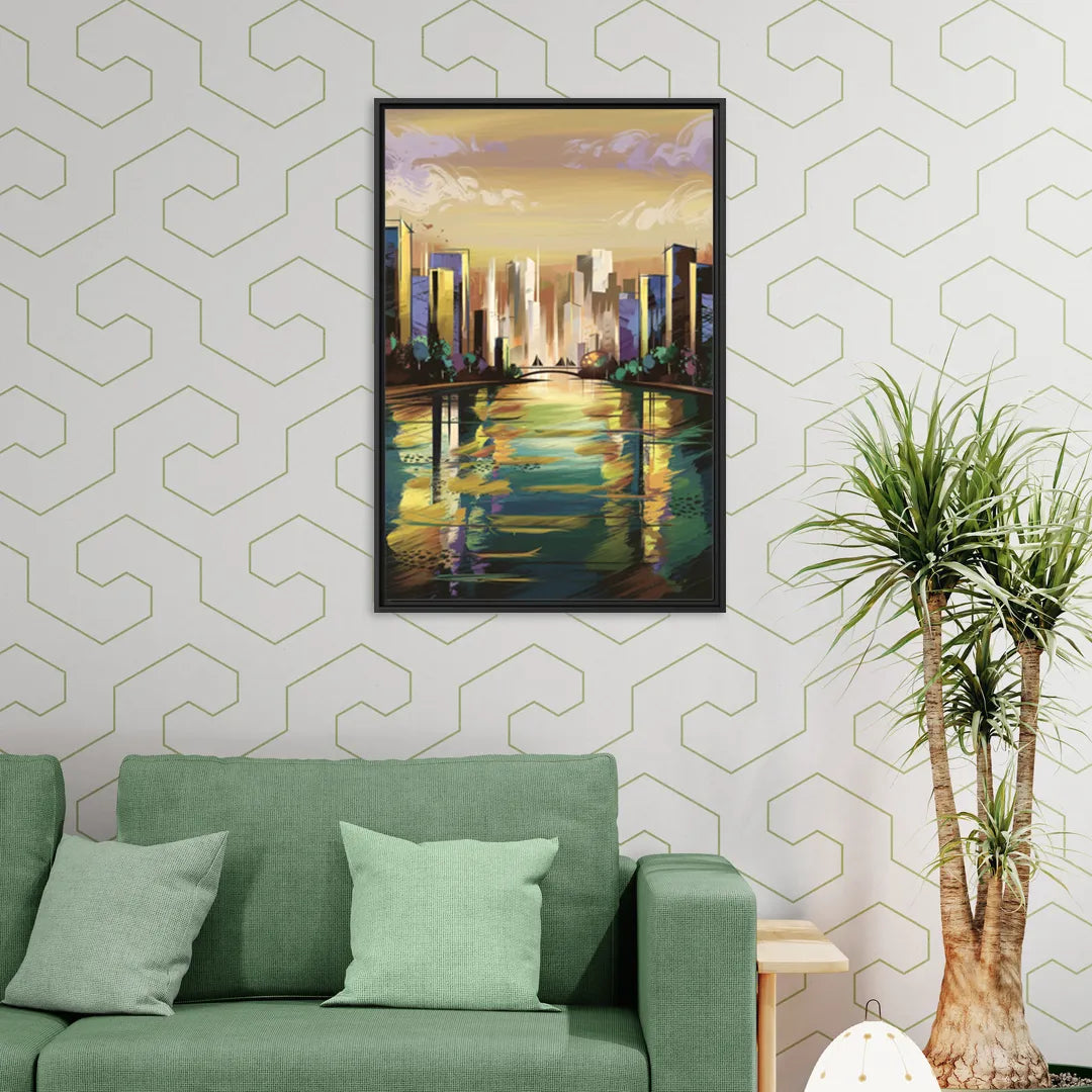 Riverside Downtown Skyline - Living Room Black Frame Canvas