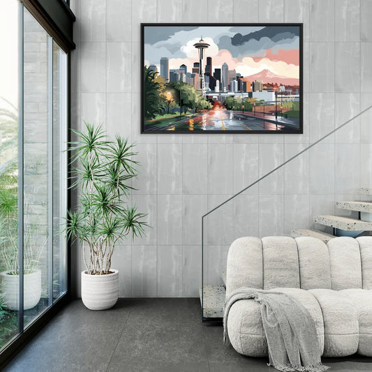 Seattle Rainy Day Skyline - Living Room Black Frame Canvas