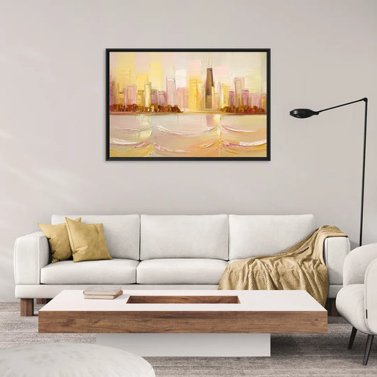 Chicago Cityscape At Dawn - Living Room Black Frame Canvas