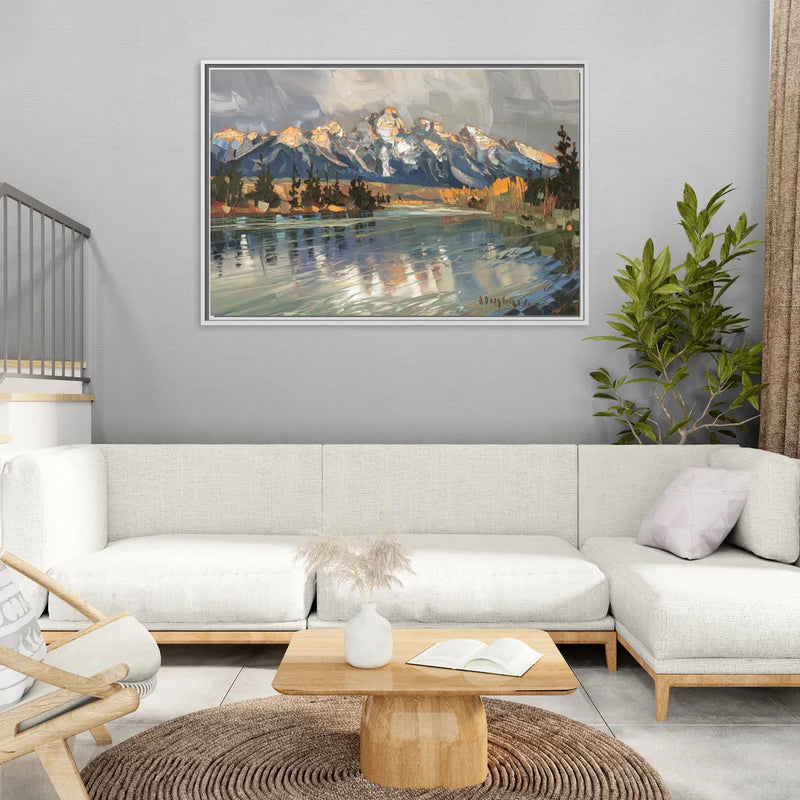 Jackson Hole River Reflection - Living Room White Frame Canvas