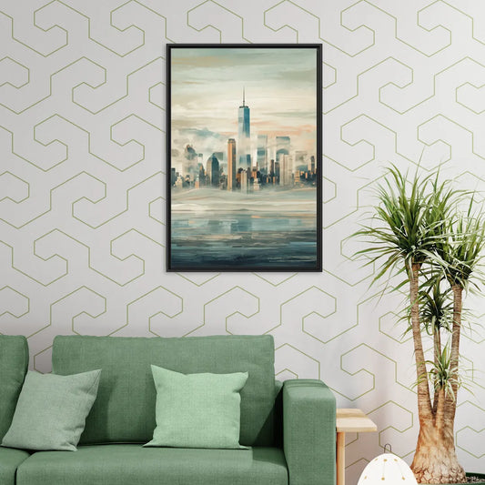 New York City Skyline in Fog Hudson - Living Room Black Frame Canvas