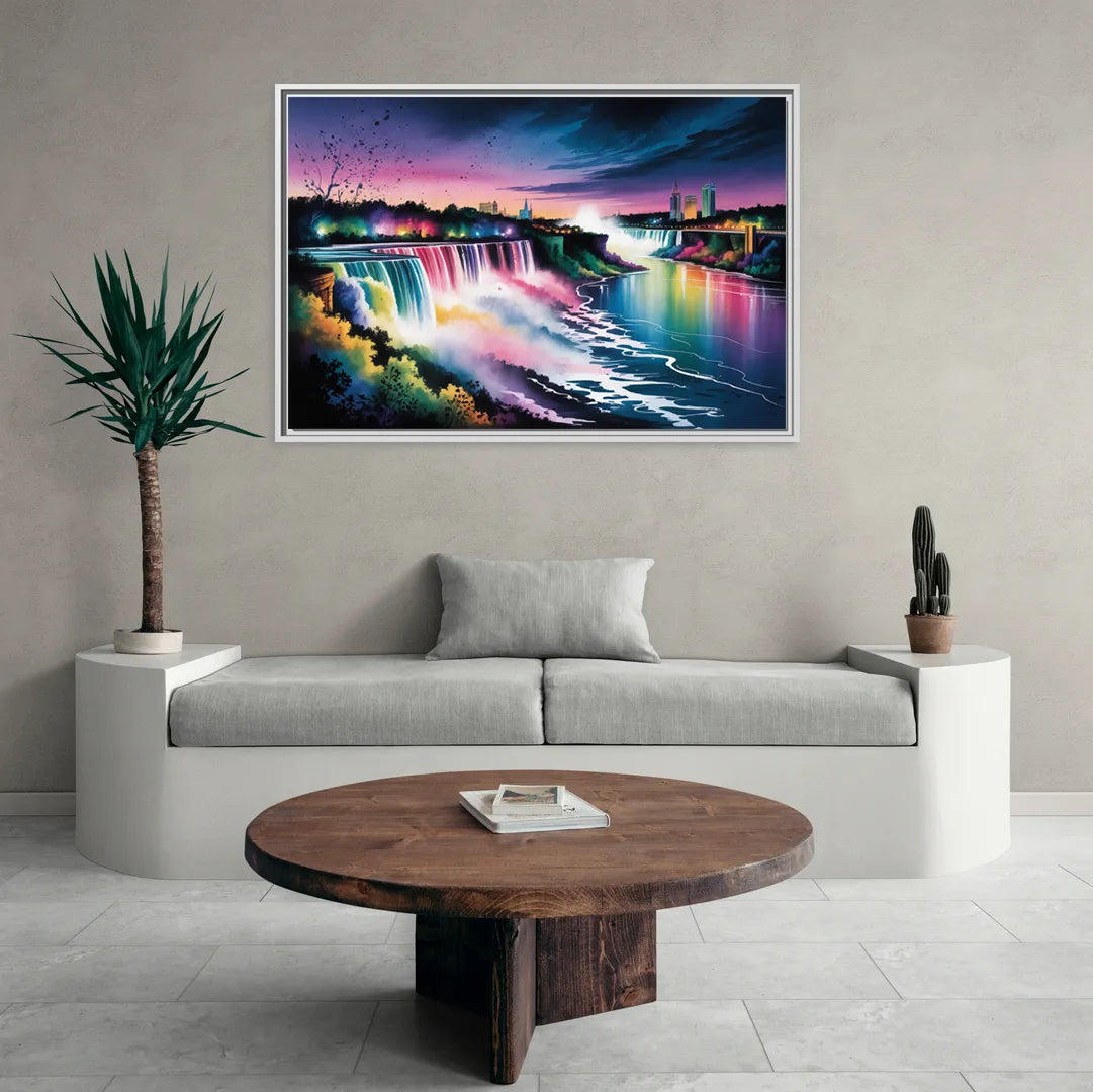Niagara Falls at Night - Living Room White Frame Canvas