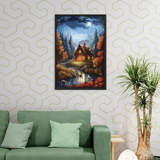 Gatlinburg Cabin in the Woods - Living Room Black Frame Canvas