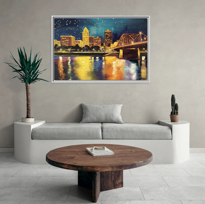 Louisville Cityscape Glow - Living Room White Frame Canvas