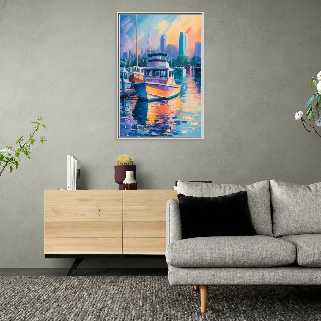 False Creek Boats - Living Room White Frame Canvas