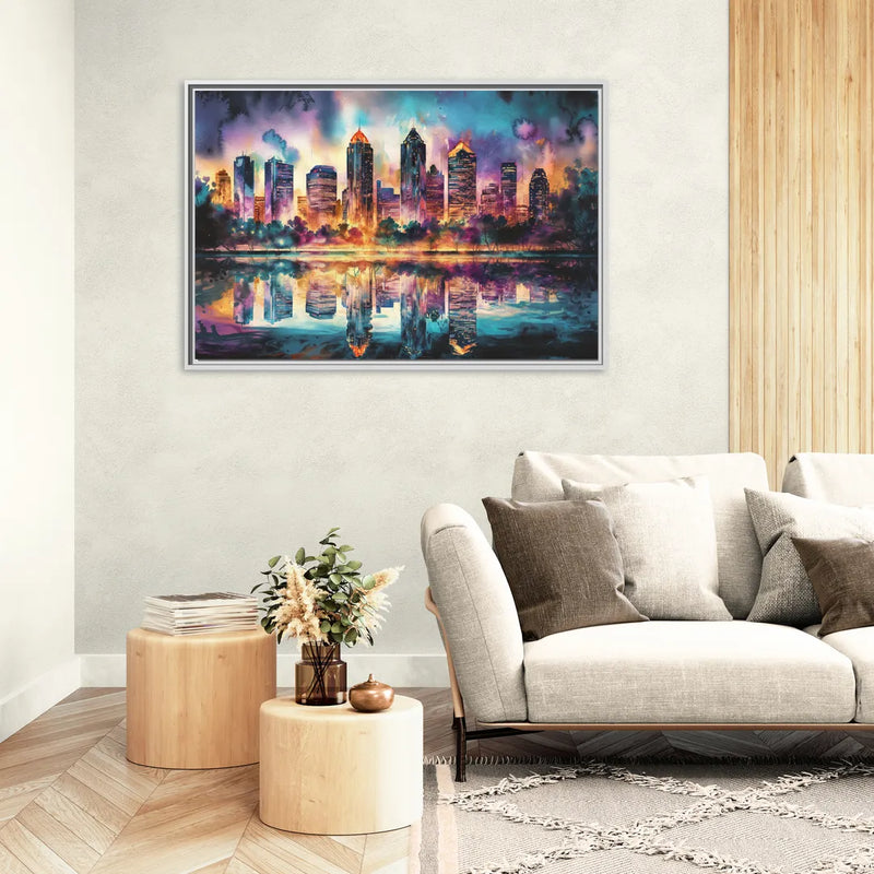 Atlanta Skyline With Reflection - Living Room White Frame Canvas