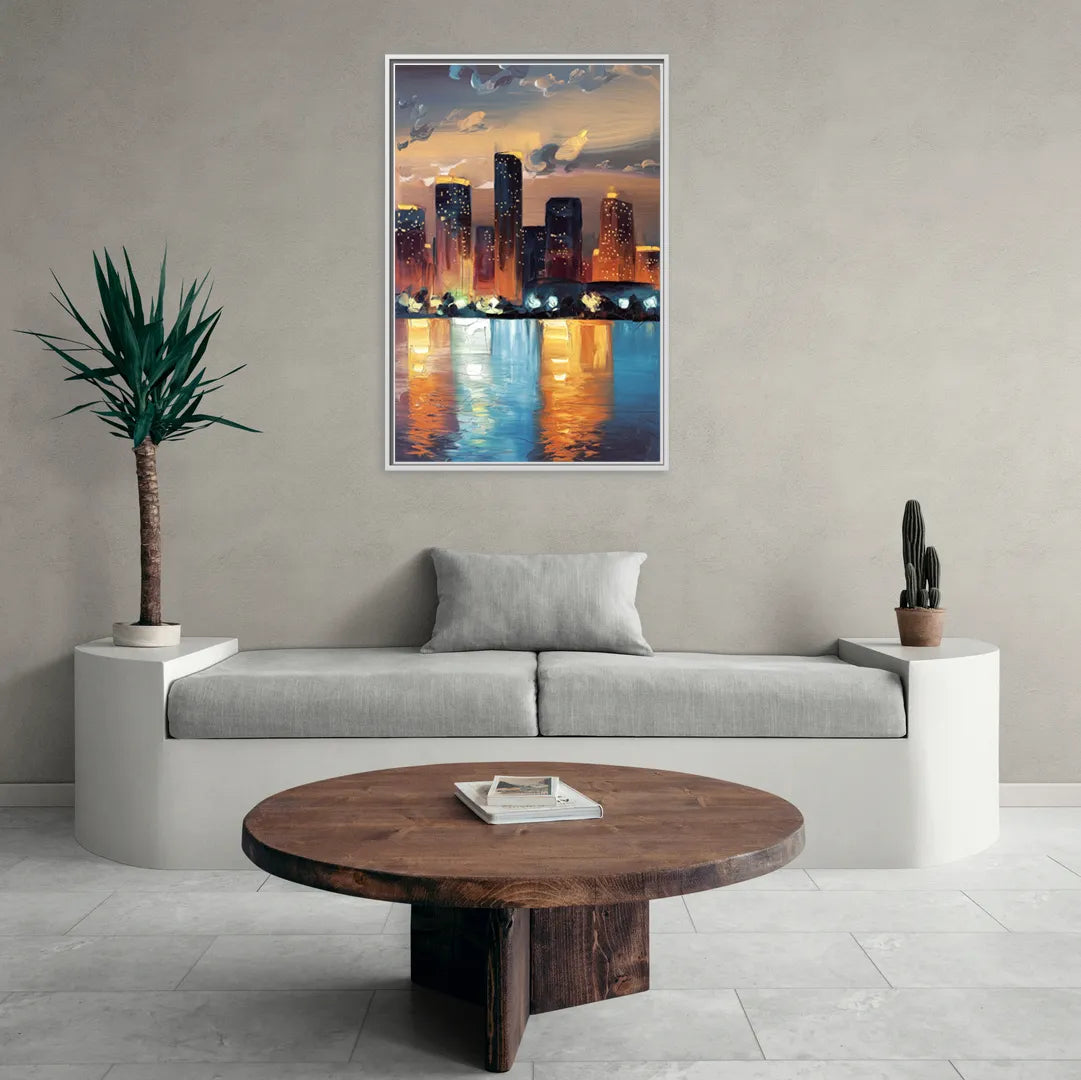 Houston Skyline Glow - Living Room White Frame Canvas