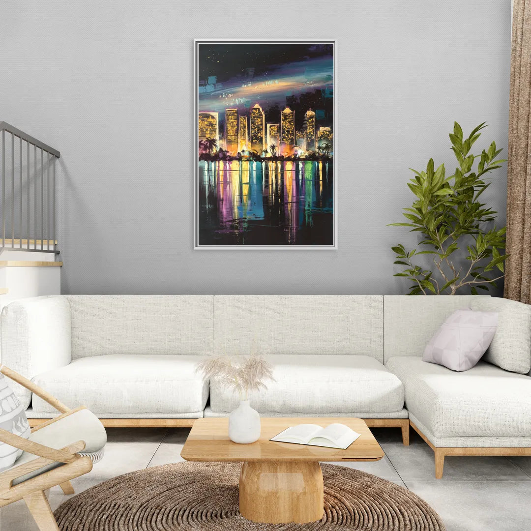 San Diego City Lights - Living Room White Frame Canvas