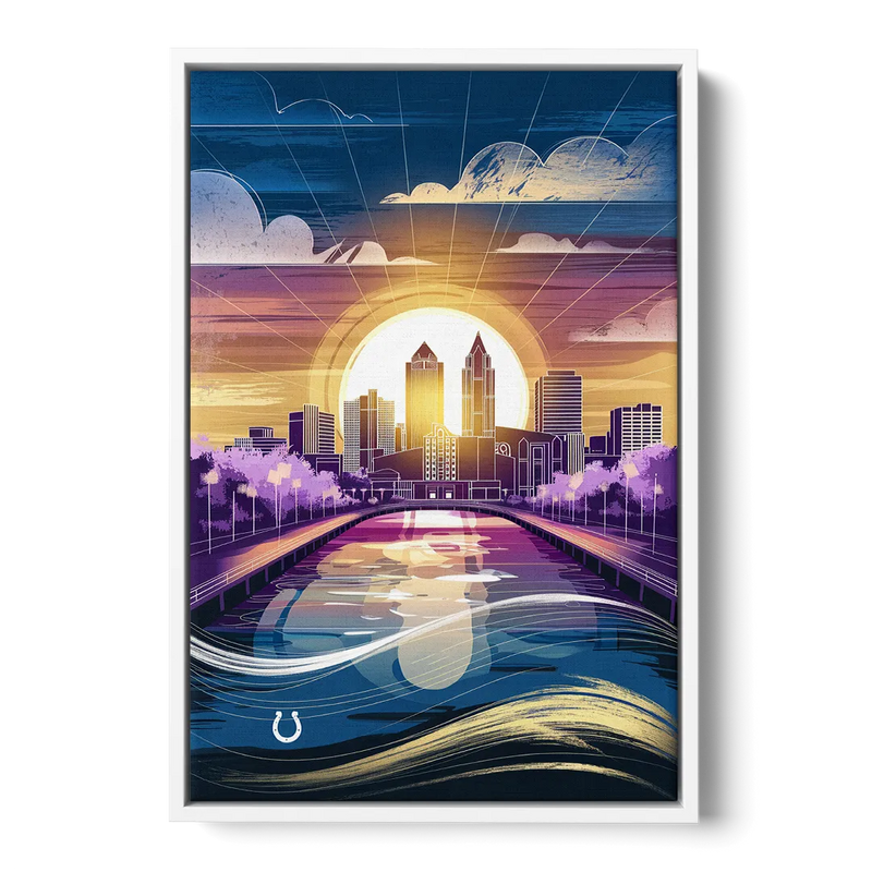 Indianapolis Skyline with Colts Theme - White Frame Canvas