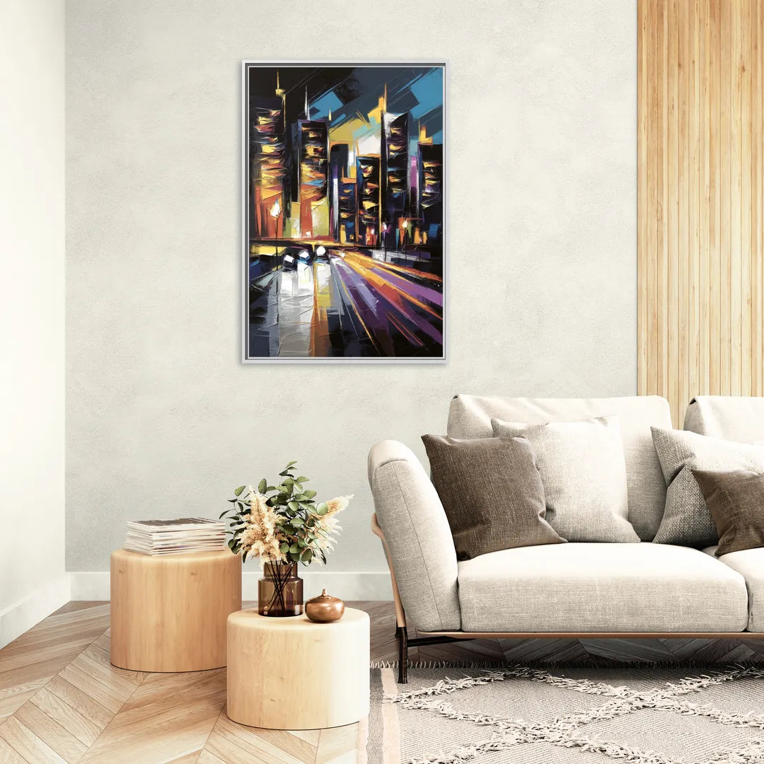 Plano Nightlife Glow - Living Room White Frame Canvas