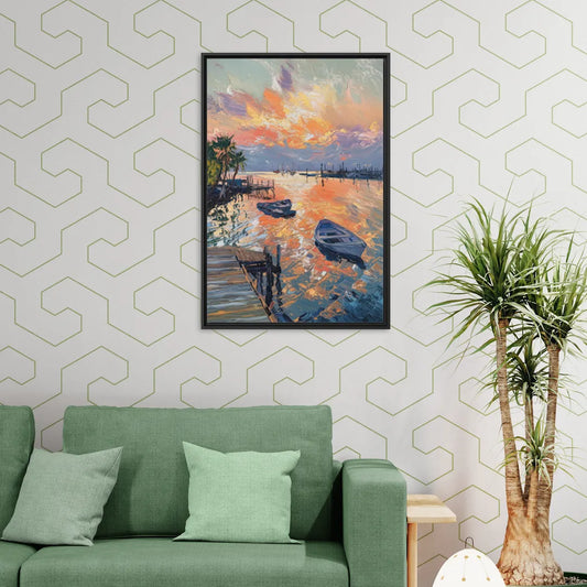 Galveston Sunset Harbor - Living Room Black Frame Canvas