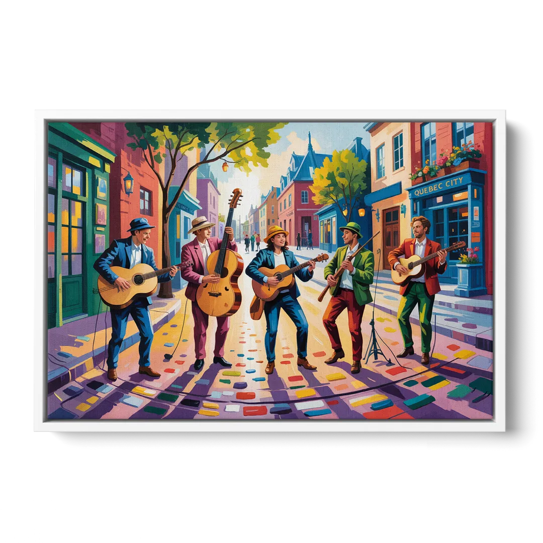 Quebec City Street Musicians - White Frame Canvas
