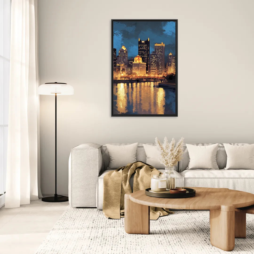 Pittsburgh Nighttime Glow - Living Room Black Frame Canvas