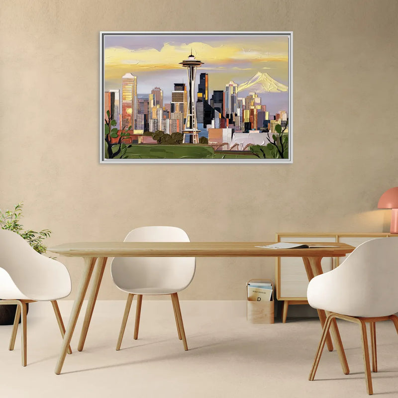 Seattle Downtown Skyline - Living Room White Frame Canvas