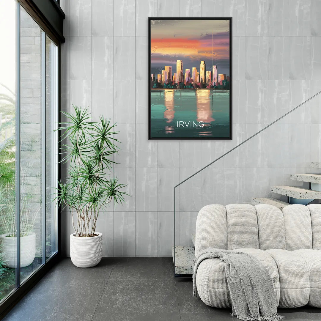Irving Skyline Reflection - Living Room Black Frame Canvas