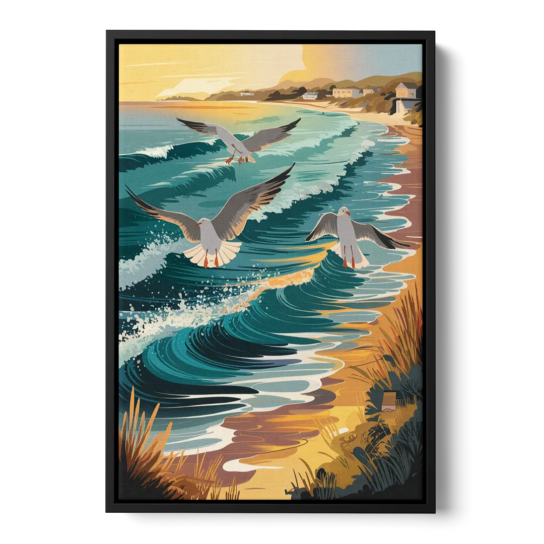 Cape May Seagulls in Flight - Black Frame Canvas