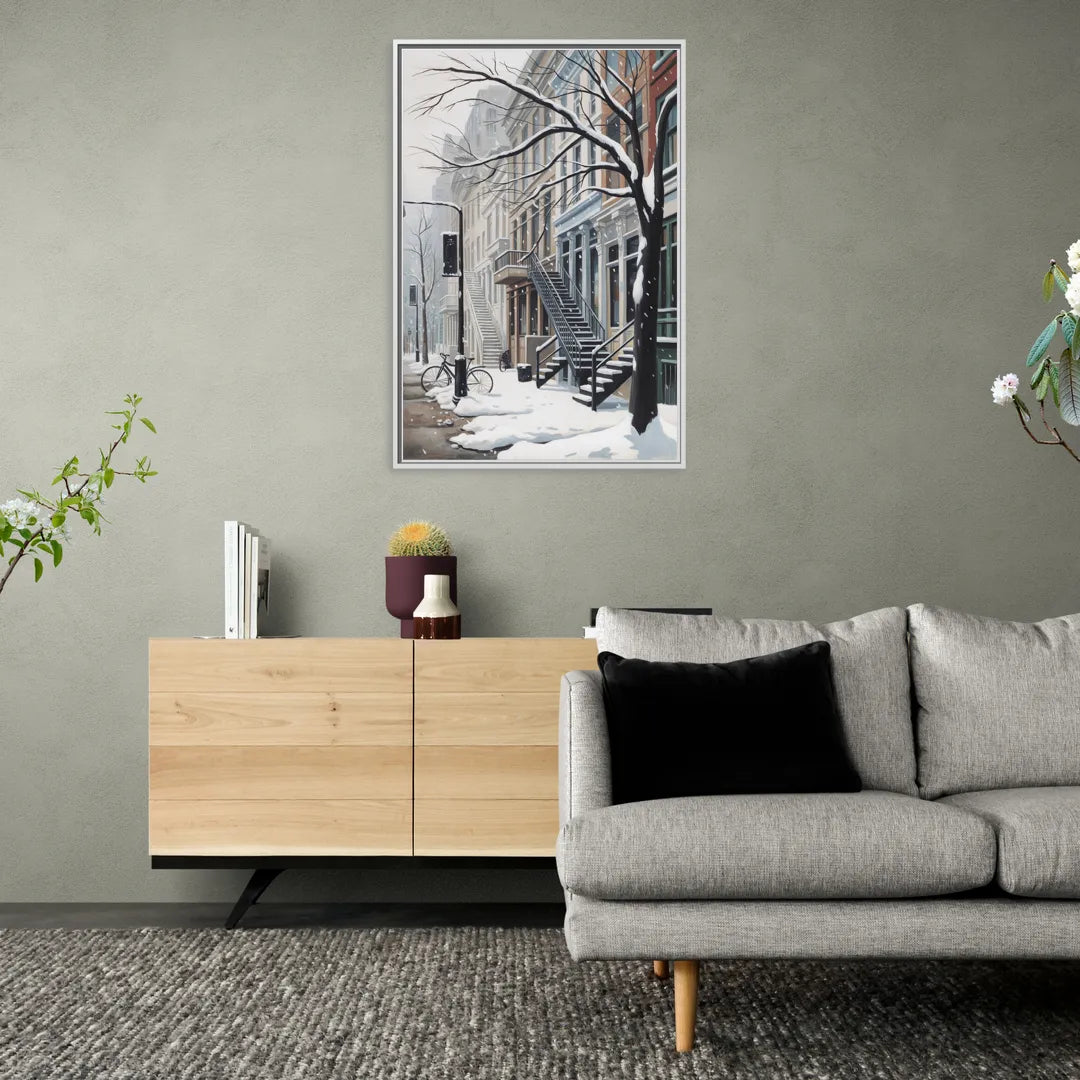 Montreal Snowy Streets - Living Room White Frame Canvas