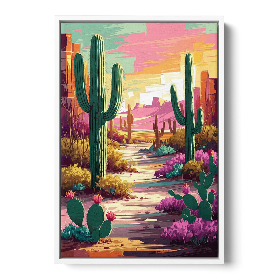Tombstone Cactus Landscape - White Frame Canvas