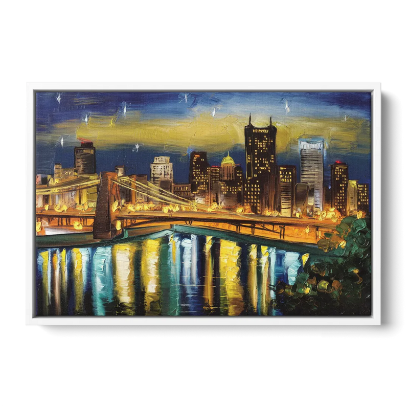 Pittsburgh Skyline With Rivers - White Frame Canvas