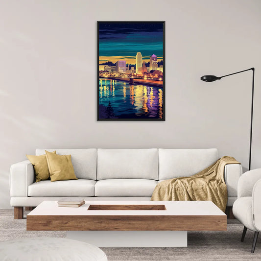 Portland Downtown Lights - Living Room Black Frame Canvas