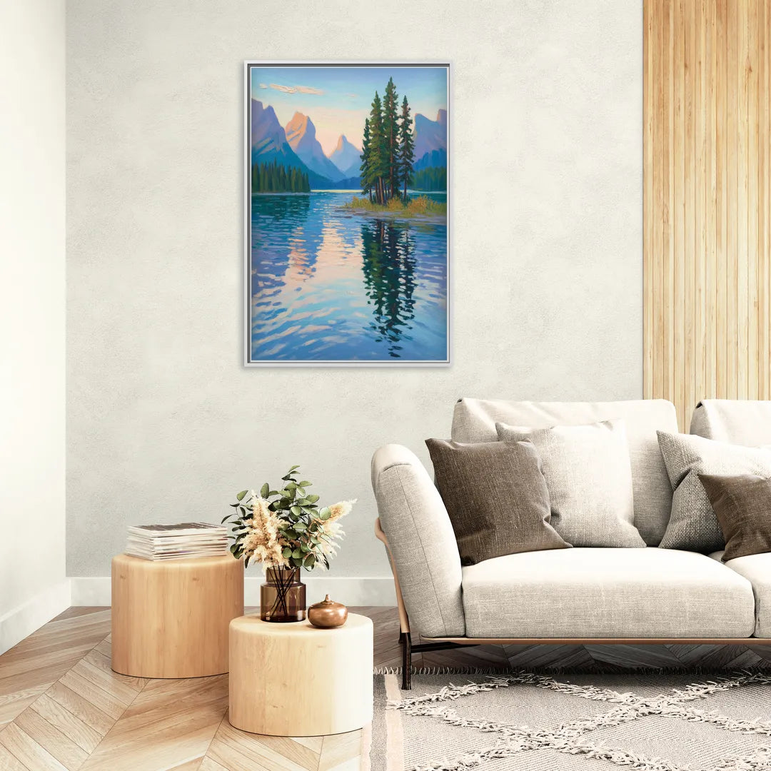 Maligne Lake Morning - Living Room White Frame Canvas