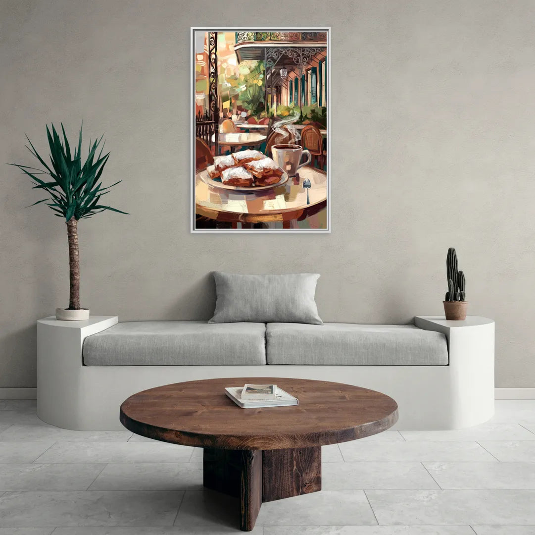 New Orleans Beignets and Coffee - Living Room White Frame Canvas
