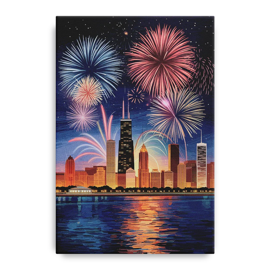 Chicago Skyline and Fireworks - Canvas Wall Art