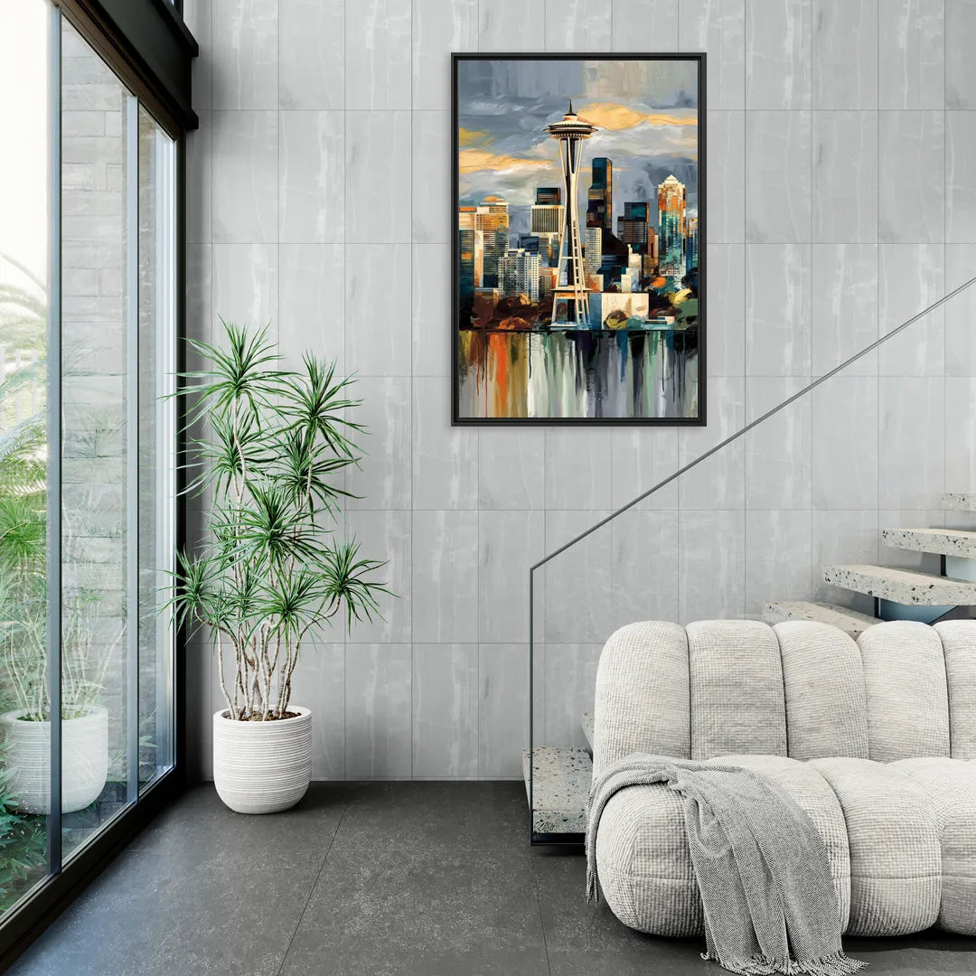 Seattle Skyline Panorama - Living Room Black Frame Canvas