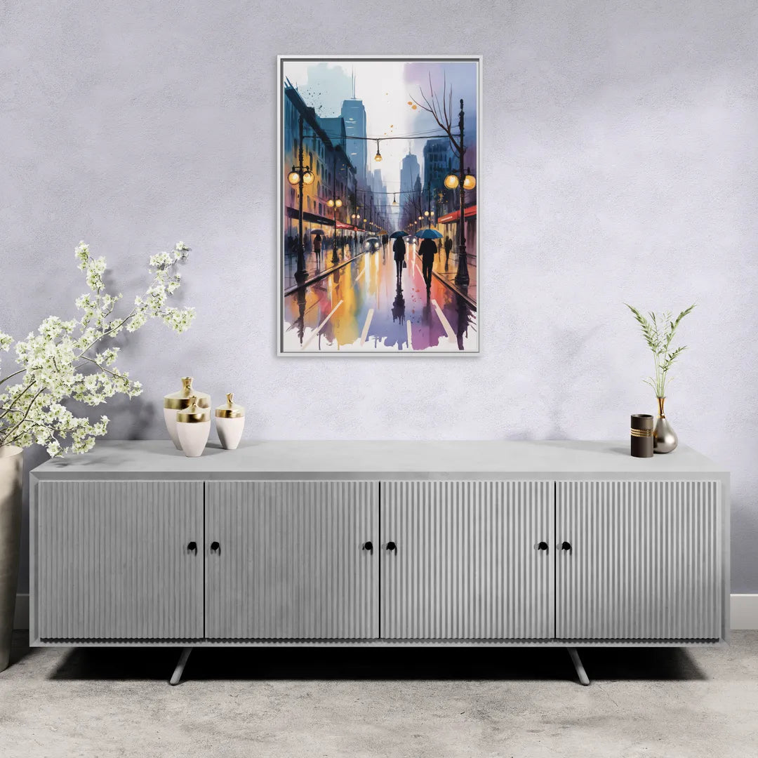 Montreal Evening Street Lights - Living Room White Frame Canvas