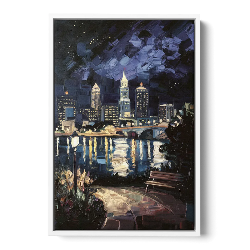 Cleveland Nighttime Lights - White Frame Canvas